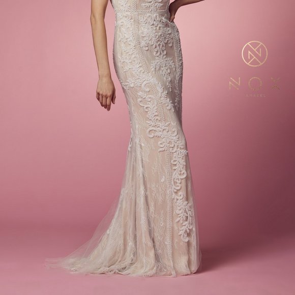 NEW FLOOR LENGTH SLEEVELESS EMBROIDERED BEADED DRESS WITH ZIPPER BACK NX E1006P - Picture 4 of 8